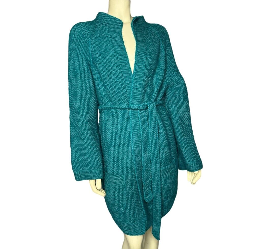 American vintage OOAK Hand knit over sized green belted cardigan size medium